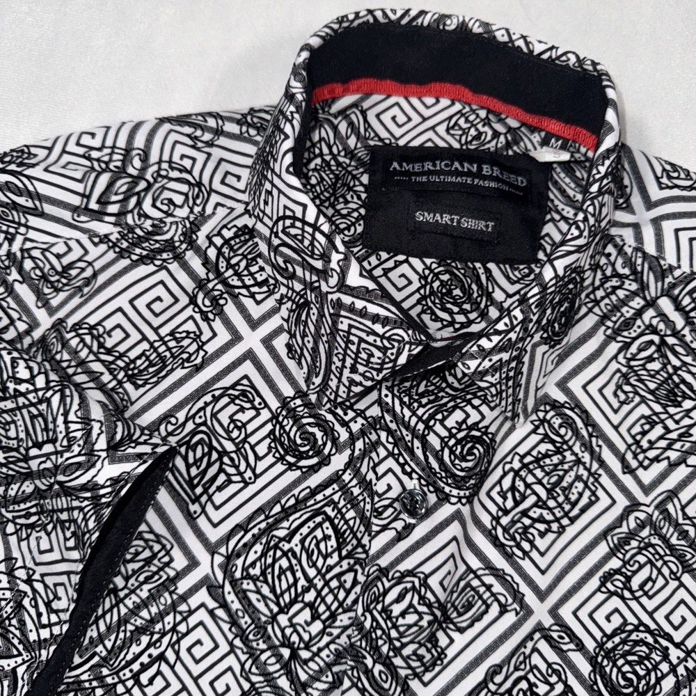 American Breed Button Up Smart Shirt Mens M Black White Modal Baroque Geometric